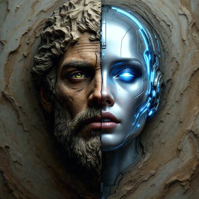 The primary subject of the image is a man with a beard and a woman with blue eyes. They are both depicted in a digital art style, with the man's face on the left side and the woman's face on the right side. The setting is a stone wall, and the visual style is a combination of a photo and digital art. The colors and mood of the image are dark and mysterious, with the man's beard and the woman's blue eyes being the main focal points.